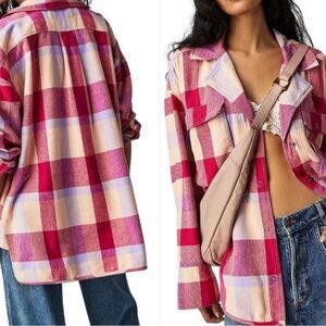Free People We The Free Izzie Button Up Oversized Shirt Pink Plaid Medium